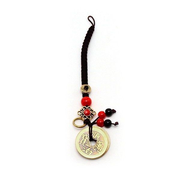 

PandaHall Brass Coins Pendant Decorations, with Polyester Cord and Alloy & Acrylic Findings, Brown, 11.3cm Brass Others Brown
