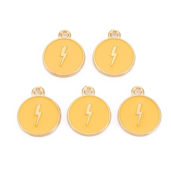 

PandaHall Alloy Enamel Pendants, Cadmium Free & Lead Free, Light Gold, Flat Round with Lightning, Goldenrod, 16x13x2mm, Hole: 1.6mm...