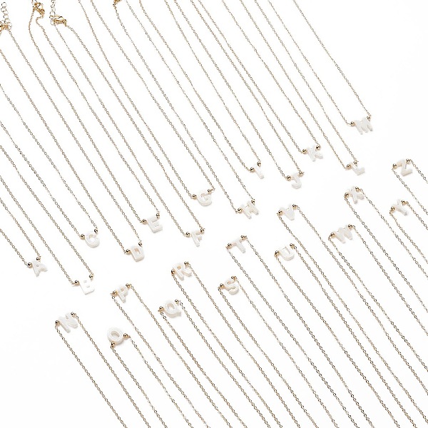 

PandaHall 26Pcs 26 Style Alphabet Initial Letter A~Z Natural Cultured Shell Pendant Necklace with Brass Curb Chains for Women, Golden, 16.22..., White