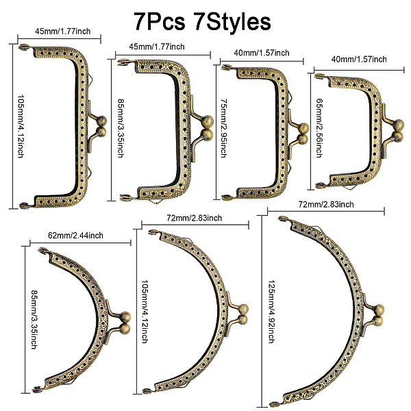

PandaHall CHGCRAFT 7Pcs 7 Sizes Iron Purse Frame Square Kiss Clasp Lock Arch Coin Purse Clasp for DIY Sewing Craft Purse Making Antique...