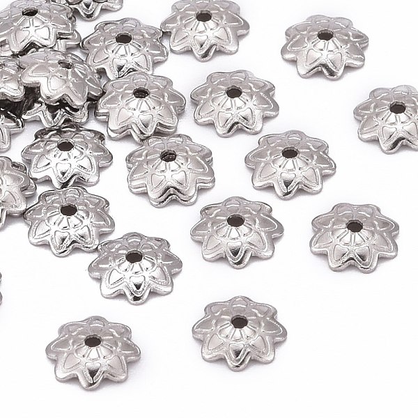 

PandaHall 304 Stainless Steel 8-Petal Flower Bead Caps, Stainless Steel Color, 7x1.5mm, Hole: 1mm, about 1000pcs/bag 304 Stainless Steel