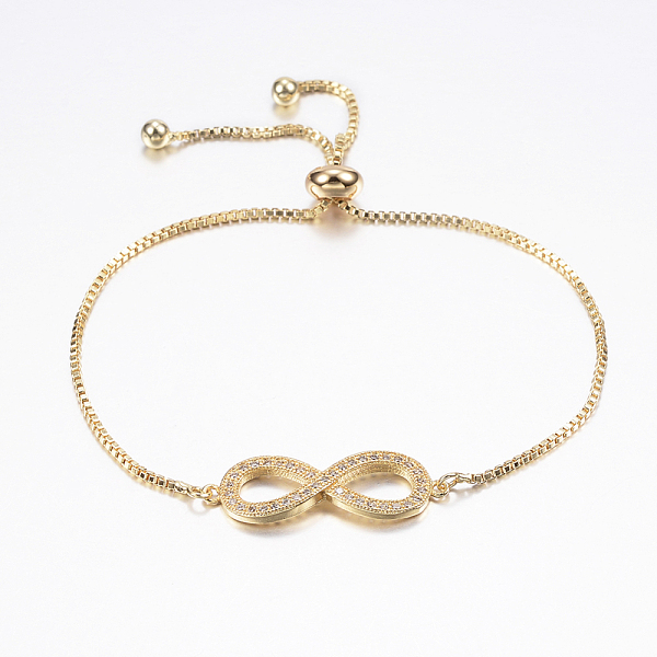 

PandaHall Adjustable Brass Bolo Bracelets, Slider Bracelets, with Cubic Zirconia and Box Chains, Infinity, Golden, 10-5/8 inch(270mm) Cubic..., Clear