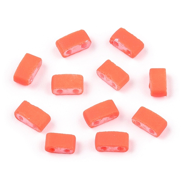 

PandaHall 2-Hole Glass Seed Beads, Rubberized Style, Rectangle, Coral, 4.5~5.5x2x2~2.5mm, Hole: 0.5~0.8mm Glass Rectangle Red