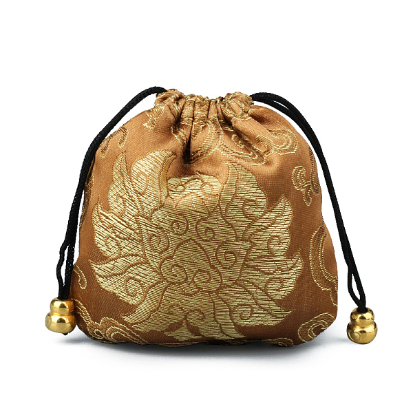 

PandaHall Chinese Style Silk Brocade Jewelry Packing Pouches, Drawstring Gift Bags, Auspicious Cloud Pattern, Peru, 11x11cm Silk Brown
