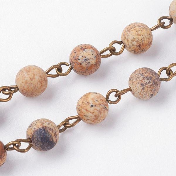 

PandaHall Natural Picture Jasper Handmade Beaded Chains, Unwelded, with Iron Eye Pin, Antique Bronze, 39.37 inch, 1m/strand Picture Jasper