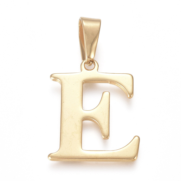 

PandaHall 304 Stainless Steel Pendants, Golden, Initial Letter.E, 26x21x1mm, Hole: 3.5x10mm 304 Stainless Steel Letter E