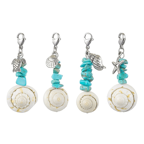 

PandaHall 4Pcs 4 Styles Sea Animal Alloy & Natural Shiva Eye Shell Pendant Decorations, Synthetic Turquoise Chip & Lobster Clasps Charms for...