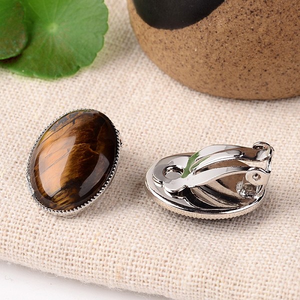 

PandaHall Natural Tiger Eye Oval Clip-on Earrings, with Platinum Plated Brass Findings, 21x15mm Tiger Eye