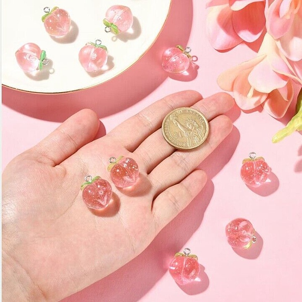 

PandaHall Transparent Resin Pendants, Peach Charms, with Platinum Tone Iron Loops, Pearl Pink, 20.3x17x13mm, Hole: 2mm Iron+Resin Fruit