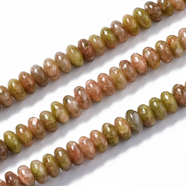 

PandaHall Natural Unakite Beads Strands, Rondelle, 4~5x2mm, Hole: 0.8mm, about 165~170pcs/strand, 14.96~15.35 inch(38~39cm) Unakite Rondelle