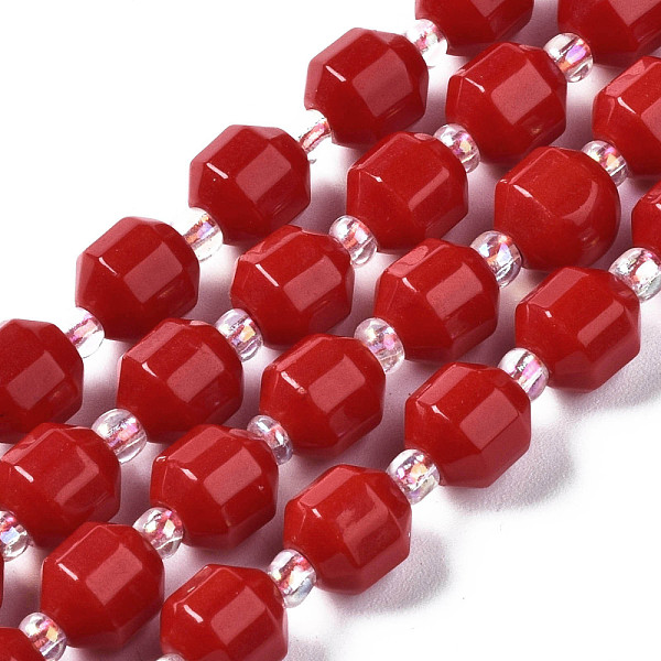 

PandaHall Natural White Jade Beads Strands, with Seed Beads, Faceted, Dyed, Polygon, 7x7mm, Hole: 1.2mm, about 40~41pcs/strand, 14.88..., Red