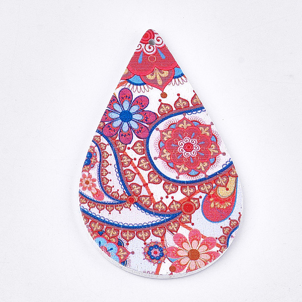 

PandaHall Printed Wooden Big Pendants, Dyed, teardrop, Colorful, 59x36x2.5mm, Hole: 1.5mm Wood Teardrop