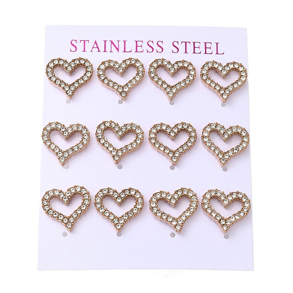 

PandaHall Vacuum Plating 304 Stainless Steel Stud Earring, with Rhinestone, Heart, Rose Gold, 13x14mm, 12pcs/set 304 Stainless Steel Heart