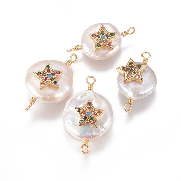 

PandaHall Natural Pearl Pentacle Links connectors, with Cubic Zirconia and Brass Findings, Flat Round with Star, Golden, Colorful...
