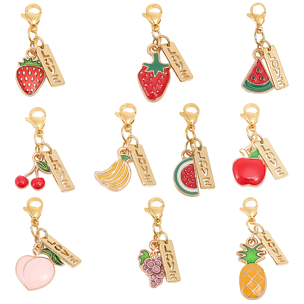 

PandaHall CHGCRAFT 10Pcs 10Styles Fruit Theme Charms Alloy Enamel Pendant Decorations with Brass Word Love Charm Lobster Claw Clasps for DIY..., Multicolor