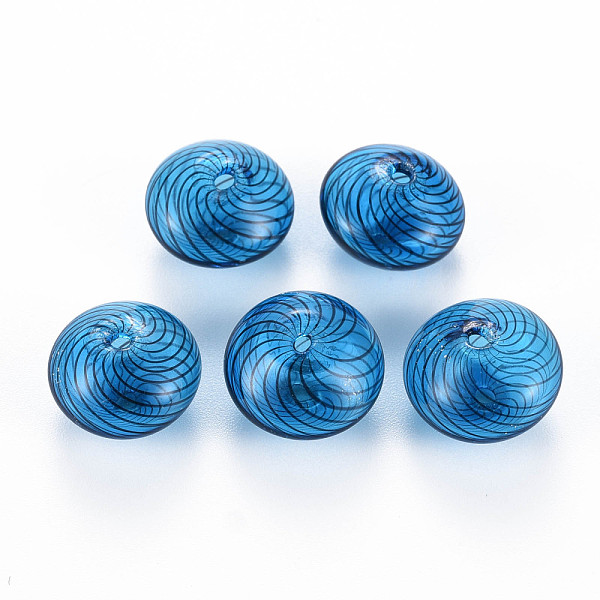 

PandaHall Transparent Handmade Blown Glass Globe Beads, Stripe Pattern, Flat Round, Dodger Blue, 15.5~17.5x10~12mm, Hole: 1~2mm Glass Flat...