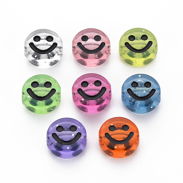 

PandaHall Transparent Acrylic Beads, with Glitter Powder, Flat Round with Black Enamel Smile Face, Mixed Color, 10x5mm, Hole: 2mm Acrylic..., Multicolor