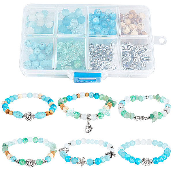 PandaHall SUNNYCLUE 1 Box 6 Set Ocean Bracelet Making Kit Summer Hawaii Bracelets Ankles Sea Animal Beads Blue Glass Beads Sea Shells for...
