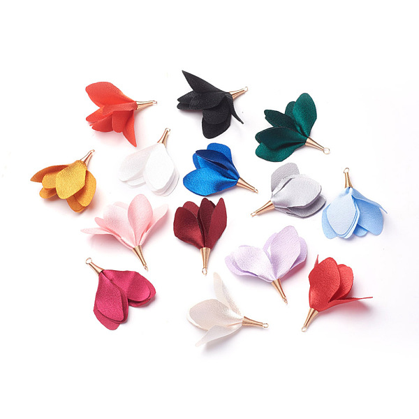 

PandaHall Iron Big Pendants, with Silk, Flower, Golden, Mixed Color, 55~60x35~46mm, Hole: 3mm Silk Flower Multicolor