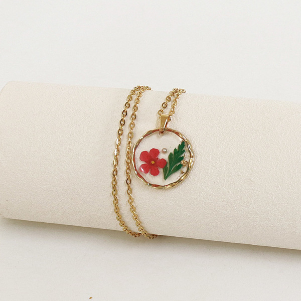 合金とプラスチックの内側の花のフラットラウンドいペンダントネックレス
