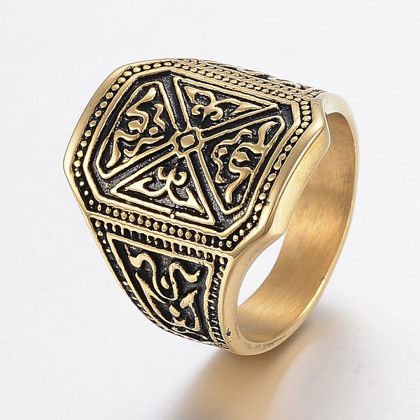 

PandaHall Ion Plating(IP) 304 Stainless Steel Signet Rings for Men, Wide Band Finger Rings, Rectangle with Flower Pattern, Antique Golden...