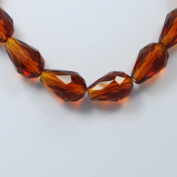

PandaHall Glass Beads Strands, Faceted, Drop, Saddle Brown, 11x8mm, Hole: 1mm, about 57~59pcs/strand, 26.38~26.77 inch Glass Teardrop Brown