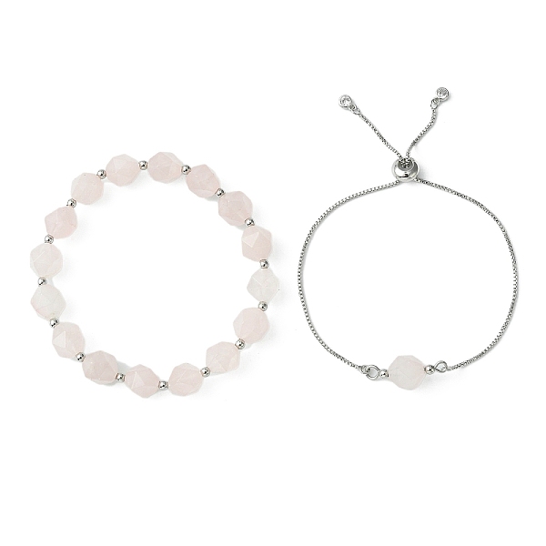 

PandaHall 2Pcs 2 Style Natural Rose Quartz Beaded Stretch Bracelets Set, Adjustable Brass Slider Bracelets, Misty Rose, Inner Diameter...