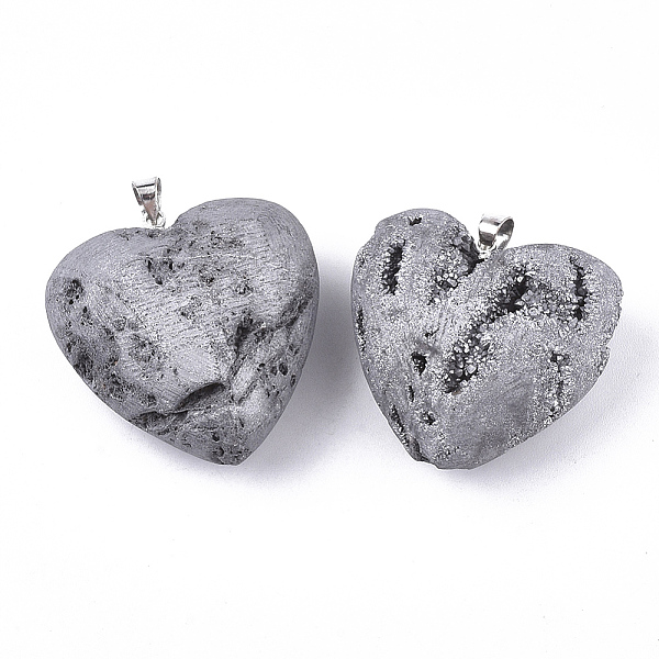 

PandaHall Electroplate Natural Druzy Geode Agate Pendants, with Brass Findings, Heart, Platinum, Light Grey, 30.5x30x14~15mm, Hole: 4.5x4mm..., Gray