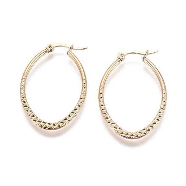 

PandaHall 304 Stainless Steel Hoop Earrings, Hypoallergenic Earrings, Textured, Oval, Golden, 39x26x0.6mm, Pin: 0.6mm 304 Stainless Steel...