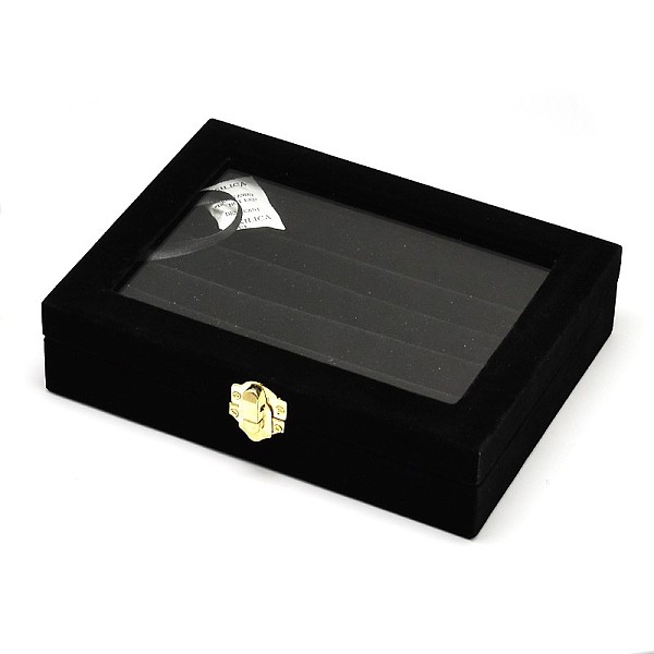 

PandaHall Wooden Rectangle Ring Boxes, Covered with Velvet, with Glass and Iron Clasps, Black, 20.2x15.1x4.9cm Wood Rectangle Black
