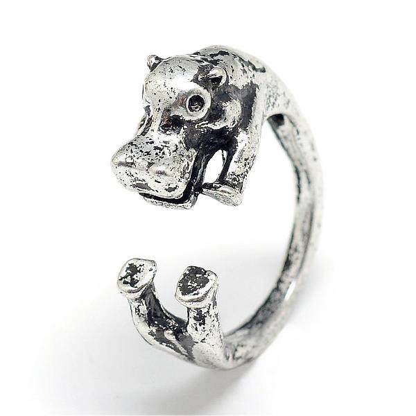 

PandaHall Adjustable Alloy Cuff Finger Rings, Hippopotamus, Size 6, Antique Silver, 16mm Alloy