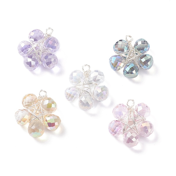 

PandaHall Wire Wrapped Glass Pendants, with Brass Findings, AB Color Plated, Faceted, Flower, Mixed Color, Silver, 25x23x8mm, Hole: 2.5mm..., Multicolor