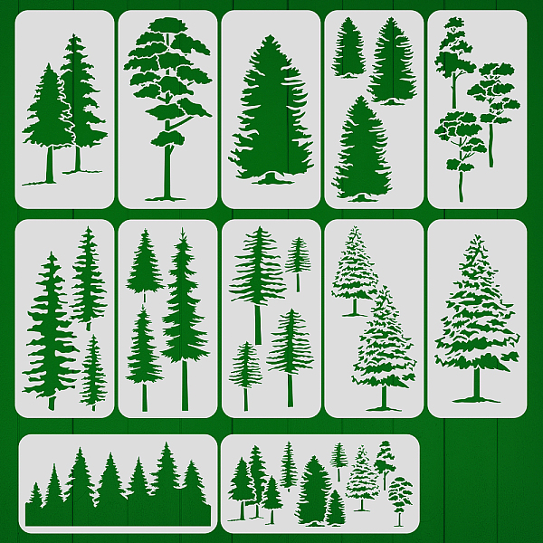 PandaHall BENECREAT 12pcs Pine and Fir Tree Stencil Set, 15x30cm Reusable Winter Theme Plastic Art Painting Templates for Scrapbook...
