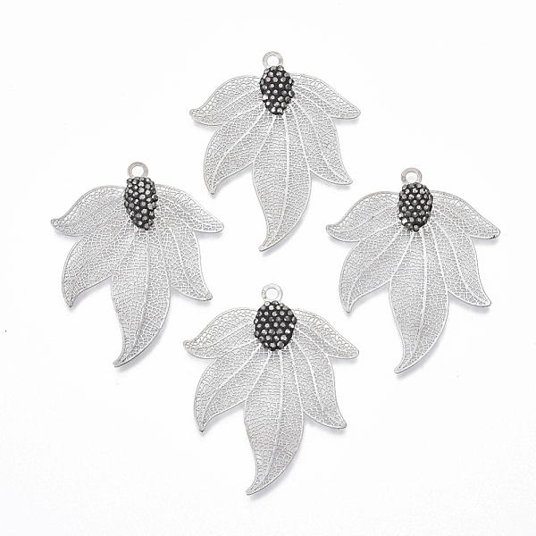 

PandaHall Brass Rhinestone Big Pendants, Filigree Findings, Leaf, Jet Hematite, Platinum, 51x41x3mm, Hole: 3mm Brass+Rhinestone Leaf