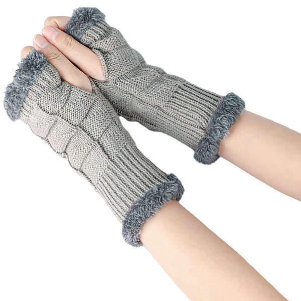 

PandaHall Acrylic Fiber Yarn Knitting Fingerless Gloves, Fluffy Edge Winter Warm Gloves with Thumb Hole, Dark Gray, 195x85~95mm Fibre