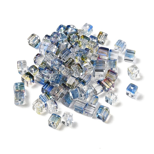 

PandaHall Two Tone Transparent Glass Beads, Cube, Steel Blue, 6x6x7mm, Hole: 1.4mm, about 500pcs/bag Glass Cube