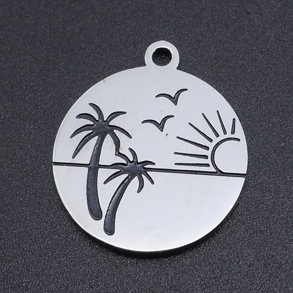 

PandaHall 201 Stainless Steel Etched Pendants, Flat Round with Coconut Tree, Beach, Stainless Steel Color, 22x19x1.5mm, Hole: 1.8mm 201...