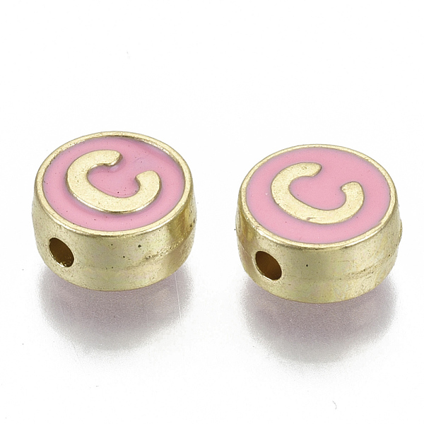 

PandaHall Alloy Enamel Beads, Cadmium Free & Nickel Free & Lead Free, Flat Round with Initial Letters, Light Gold, Letter.C, 8x4mm, Hole..., Pink