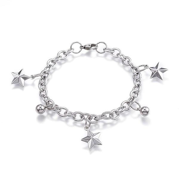 

PandaHall 304 Stainless Steel Charm Bracelets, Star, Stainless Steel Color, 7-1/2 inch(190mm)x6mm 304 Stainless Steel