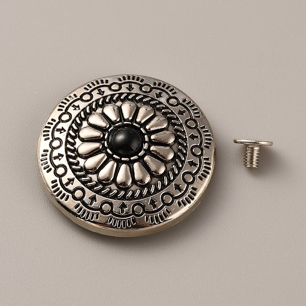 

PandaHall Alloy & Turquoise Craft Solid Screw Rivet, with Iron Findings, Flat Round with Flower Pattern, for DIY Luggage and Hardware..., Black