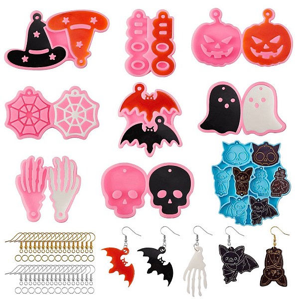 

PandaHall DIY Halloween Theme Dangle Earring Making Kits, Bat & Hat & Ghost & Spider Web Pendant Silicone Mold, 200Pcs 2 Colors Iron Open..., Multicolor