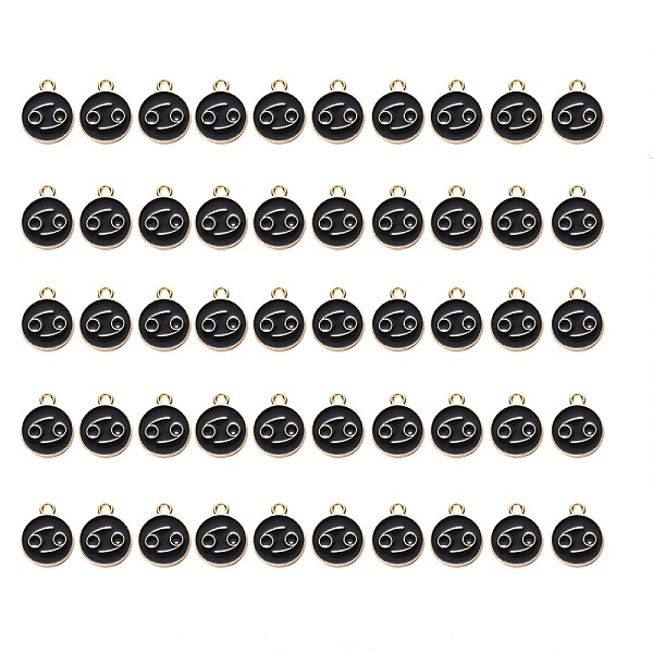 

PandaHall Alloy Enamel Pendants, Flat Round with Constellation, Light Gold, Black, Cancer, 15x12x2mm, Hole: 1.5mm, 50pcs/Box Alloy+Enamel...