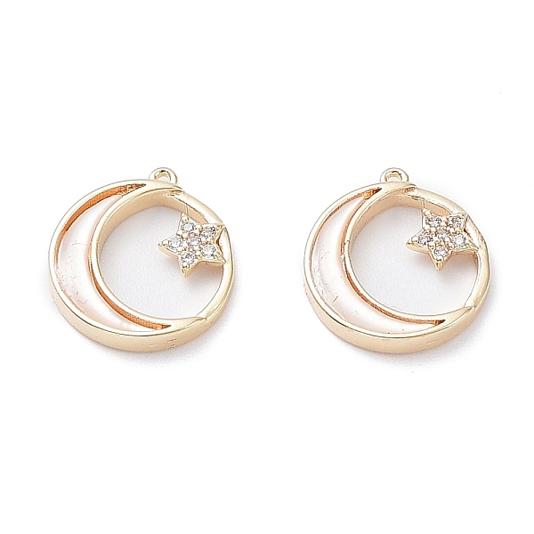 

PandaHall Rack Plating Brass Shell Pendants, with Cubic Zirconia, Long-Lasting Plated, Flat Round with Moon Charms, Real 18K Gold Plated...