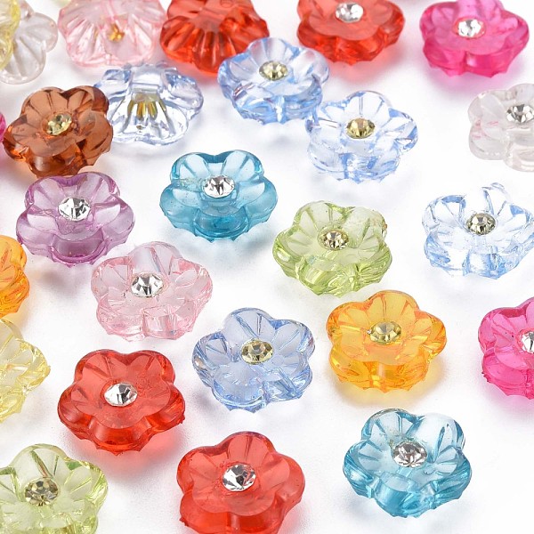 PandaHall 1-Hole Resin Buttons, with Crystal Rhinestone, 5 Petals Flower, Mixed Color, 15x15.5x6.5mm, Hole: 1.6mm Resin Flower Multicolor