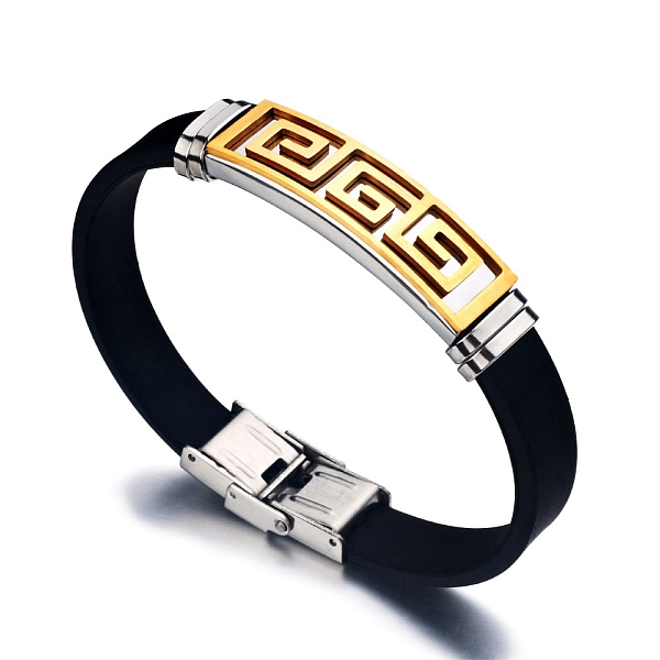 

PandaHall Stainless Steel Greek Pattern Bracelet, Silicone Cord Bracelet, for Women, Golden, 7-7/8 inch(20cm) Stainless Steel Rectangle..., Black