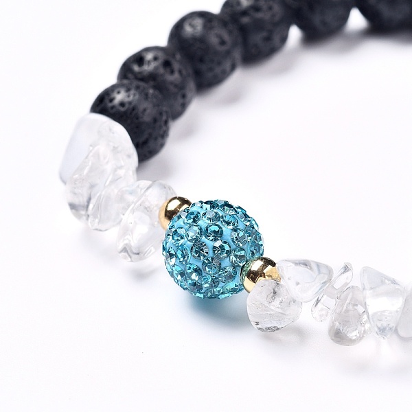 

PandaHall Stretch Bracelets, with Natural Lava Rock Round Beads & Quartz Crystal Chips Beads, Brass Beads and Rhinestone Pave Disco Ball..., Cyan