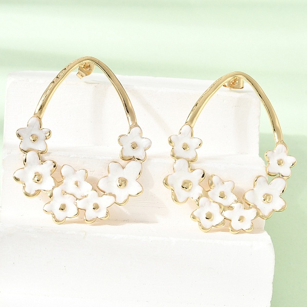 Boucles d'oreilles puces en acier inoxydable 304 émaillé en forme de larme avec fleur pour femmes