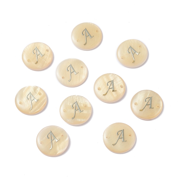 

PandaHall (Defective Closeout Sale: Yellowing), Freshwater Shell Links Connectors, with Platinum Brass Findings, Flat Round with Letter..., Orange