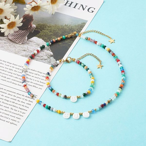 

PandaHall Electroplate Glass Beads Bracelets & Necklace Set, with Electroplate Glass Beads & Natural Freshwater Shell Beads, with 304...
