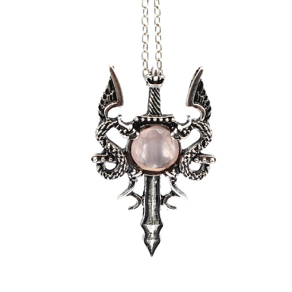 

PandaHall Natural Rose Quartz Dragon Sword Pendant Necklace, Gothic Alloy Jewelry for Men Women, Antique Silver & Platinum, 19.69 inch(50cm)...